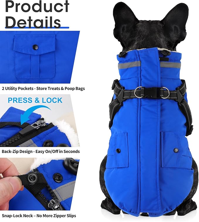Dogcheer Dog Coat with Harness, Waterproof Warm Dog Winter Jacket with Pockets, Reflective Pet Fleece Jacket Turtleneck Snowsuit for Small Medium Large Dogs - Blue, M