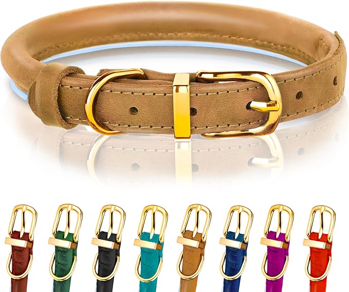 OOPSDOGGY Reflective Rolled Leather Dog Collar Adjustable Soft Padded Pet Collar for Small Medium Large Breed Dogs (Camel, M, 12"-15")