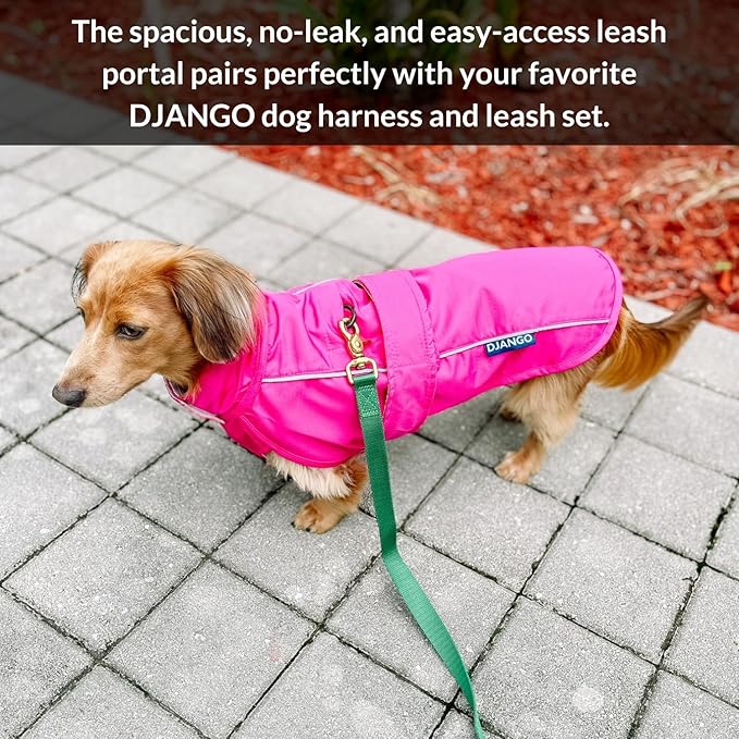 DJANGO Dog Jacket & Raincoat – Lightweight Water-Resistant Coat for Small, Medium & Long Dogs Like Dachshunds – Reflective, Adjustable Fit, Harness-Compatible & Easy-Access Harness Hole - Pink, Small