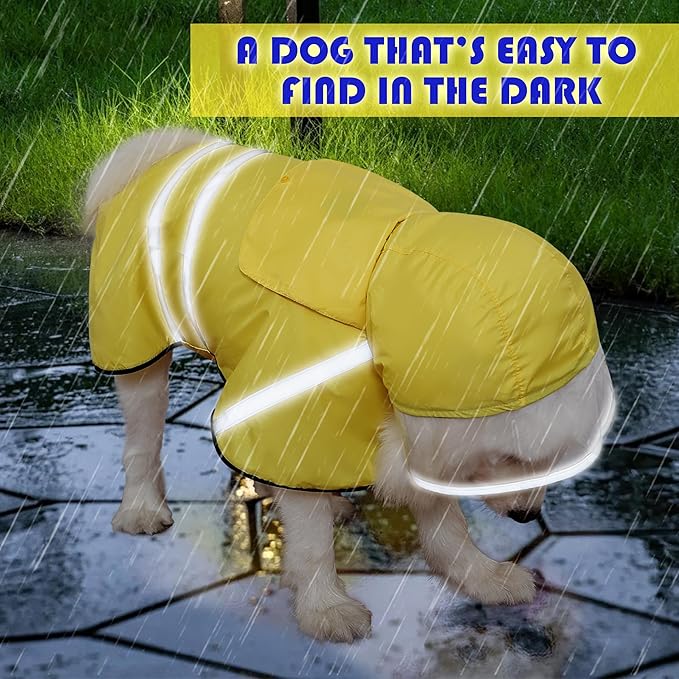 Dog Raincoat, Adjustable Rain Jacket with Hooded Double Layer for Large Medium Small Dogs Puppies, Lightweight Waterproof Rain Coat Poncho with Reflective Stripe Yellow,L