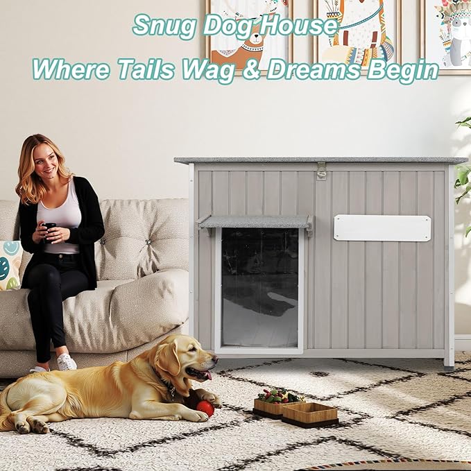 Large Outdoor Dog House Waterproof for Small to Large Dogs, Outdoor Indoor Doghouse Kennel Shelter Weatherproof with Anti-Chewing Iron Frame, Wndow, Open Roof, Removable Floors(43" L*29.5" W*33.5" H)