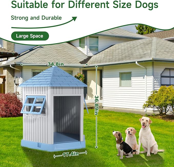 EasyUp Dog House Outdoor Resin Puppy Shelter with Air Vents and Elevated Floor, Sturdy Durable Waterproof Dog Kennel for Small Medium Large Sized Dogs (34.8 * 30.51 * 36.89in,Blue)