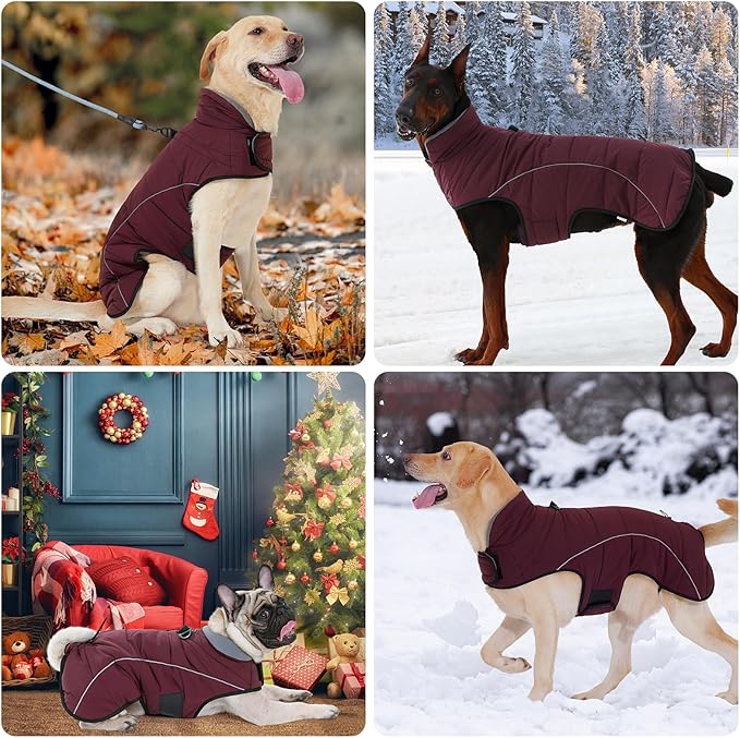 HEYWEAN Dog Winter Coat - Waterproof Windproof Reflective Vest for Medium & Large Breeds Adjustable Warm FleeceLined Jacket with Magic Tape & D-Ring for Leash Cold Weather Apparel (Red, Large)