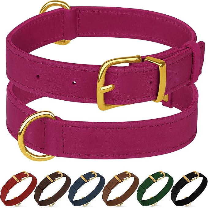 Leather Dog Collar - Heavy Duty Adjustable Soft Padded Pet Collars for Small Medium Large Dogs Breed - Black Green Brown Pink Red Blue (Pink, L, 15"-19" Neck Fit)