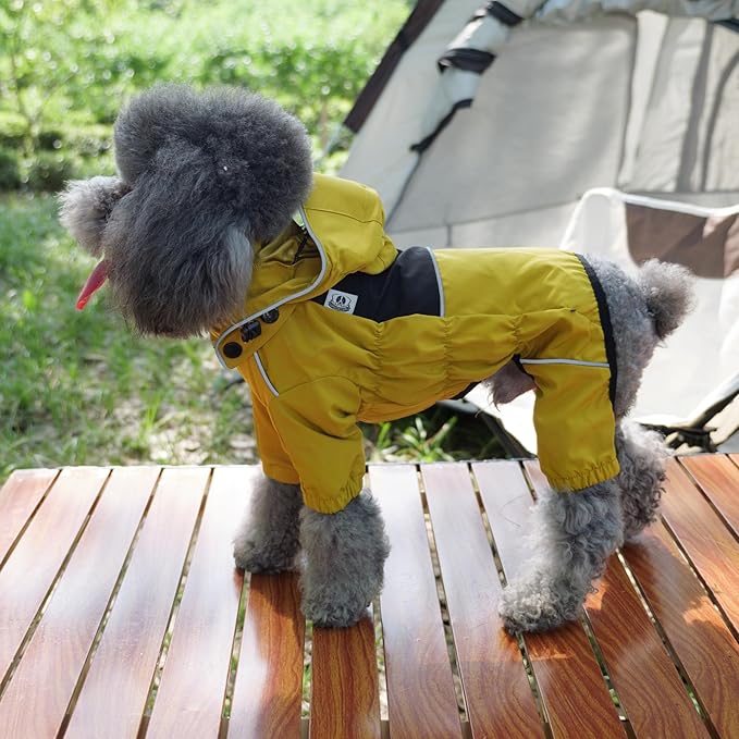 LOVELONGLONG Waterproof Dog Raincoat with Removable Hood – Outdoor Full Body Dog Jacket, Windproof Snowproof Shell Suit – All Season Pet Rain Gear Mustard Yellow 4XL