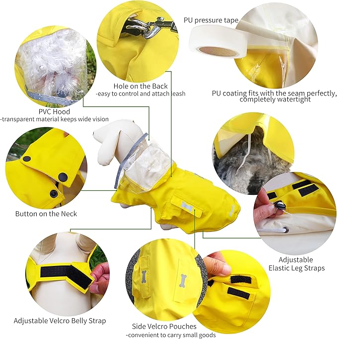 Waterproof Dog Raincoat, Adjustable Reflective Lightweight Pet Rain Clothes with Poncho Hood (X-Large, Yellow)