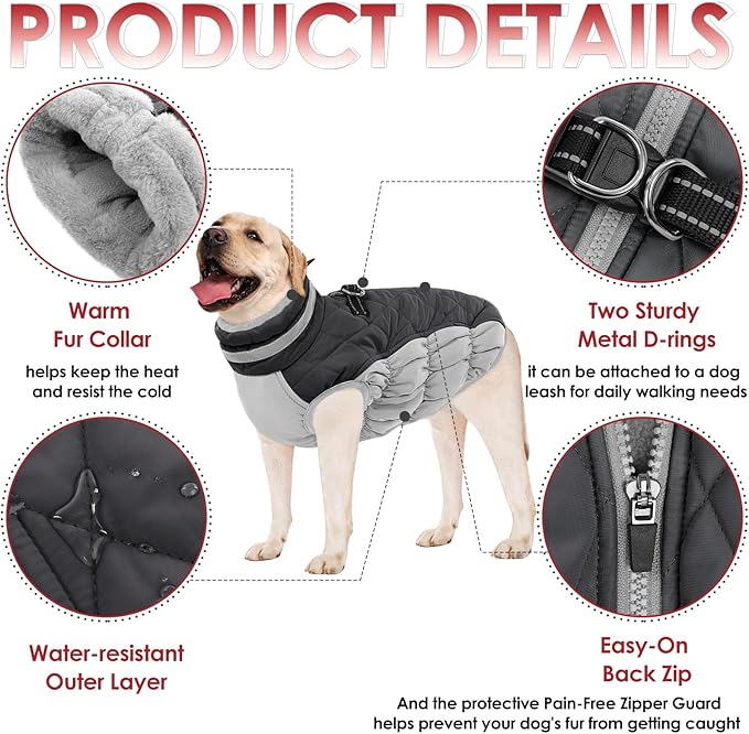 AOFITEE Dog Coat, Warm Dog Winter Coat for Large Dogs, Reflective Turtleneck Dogs Jacket with Harness Built in, Waterproof Windproof Pet Puffer Jacket Fleece Vest for Cold Weather, Grey XXXL
