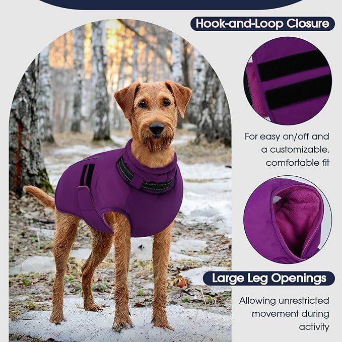 IECOii Small Dog Coat, Waterproof Dog Snow Jacket with Built in Collar, Thermal Fleece Lined for Cold Weather, Safety Reflective Dogs Winter Coat for Nighttime Walks, Easy On/Off, Purple - M