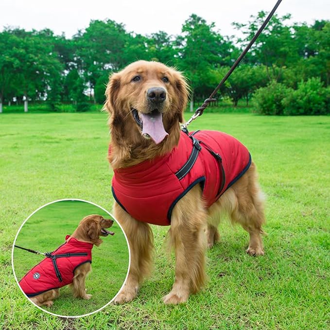 Aiboria Dog Jacket Windproof Warm Pet Fleece Coat Dog Sweater Padded Vest with Chest Strap Harness Red L