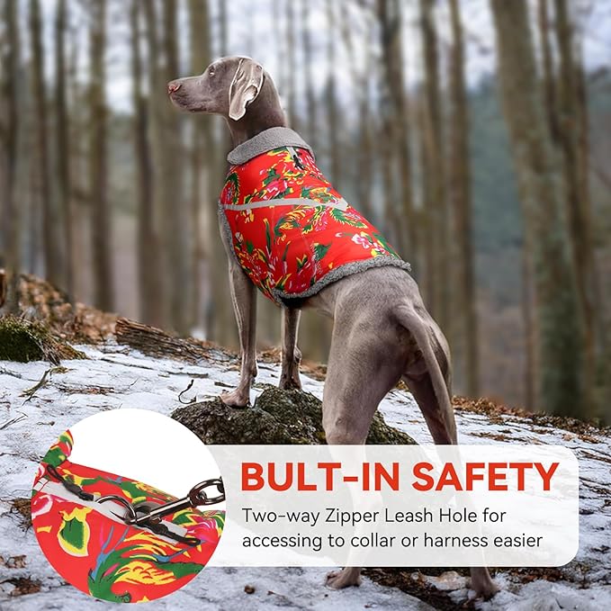 VIVAGLORY Snowrap Dog Coat, Jacket with Harness Hole & Velcro Closure, Dog Coat for Winter & Cold Weather, Fluffy Warm Fleece Lined Reflective Water Resistant for Puppy, L, Northeast Florals-Red