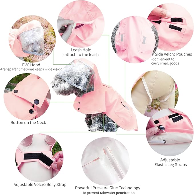 Dog Raincoat,Waterproof Rain Poncho with Hoodie, High Reflective Adjustable Pet Rain Jacket with Leash Hole for Small Medium and Large Dogs (Pink, XX-Large)