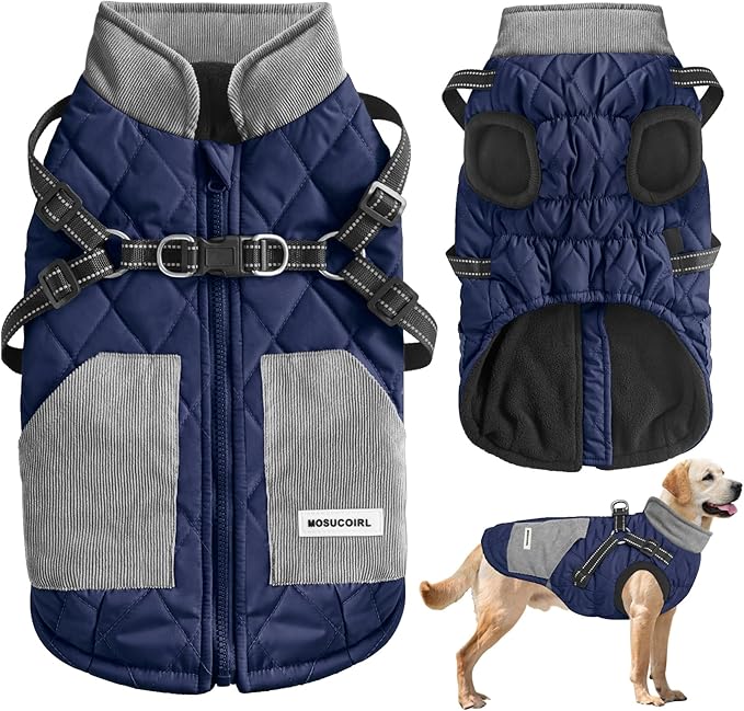 Mosucoirl Warm Dog Coats Pet Clothes, Waterproof Dogs Jacket Reflective Pet Outfits Winter Dog Cold Weather Coat Cozy Snow Jackets Vest for Small Medium Large Dogs Puppy Doggie (NavyBlue, XXL)