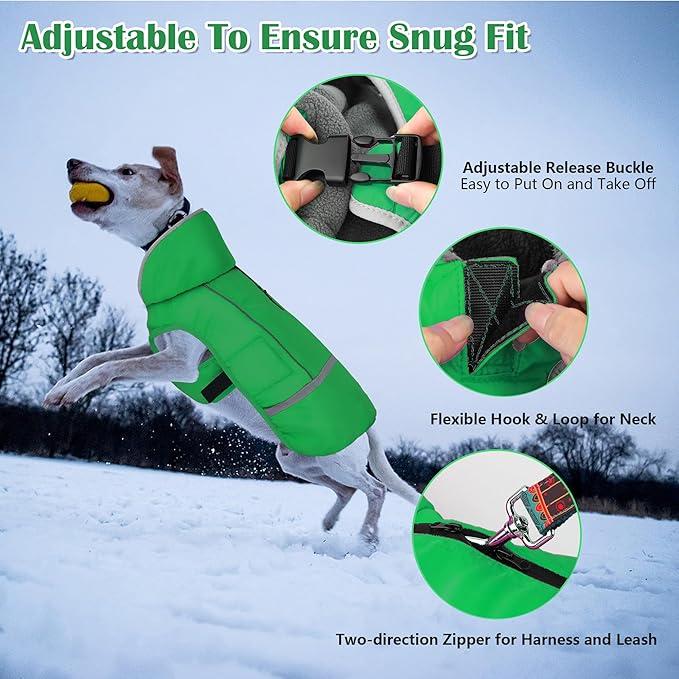 Dogcheer Warm Dog Coat, Waterproof Dog Jacket Christmas Puppy Winter Coat with Buckle, Reflective Adjustable Pet Snow Jacket Turtleneck Fleece Sweater for Small Medium Large Dogs - Green, S