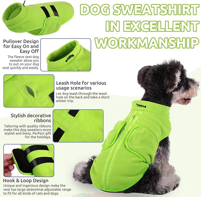 Queenmore Small Dog Sweaters, Soft Fleece Vest Pullover Pet Jacket with Leash Hole, Warm Winter Dog Clothes Cold Weather Doggy Dachshund Sweater for Small Dogs Cats Boy or Girl (Green, XS)