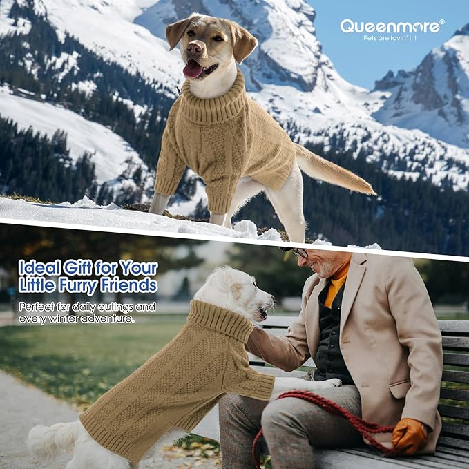 Queenmore Dog Sweaters for Medium Dogs Girls Boys,Soft Dog Sweater Christmas,Turtleneck Pullover Pet Sweaters Knitwear Outfit for Holiday,Knitted Soft Thick Warm Sweater for Bulldog,Dachshund(Camel,M)