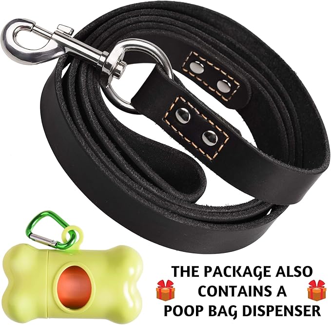 ADITYNA Leather Dog Leash 6 ft x 3/4 inch - Soft, Strong, Heavy Duty for Large & Medium Breeds - Dog Lead for Walking, Training, Hiking and Running (Black)
