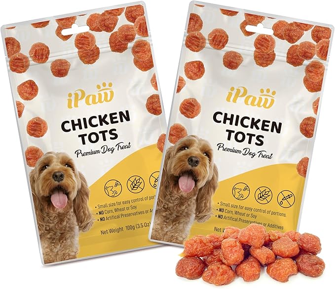 iPaw Chicken Tots Dog Treats for Puppy Training, All Natural Human Grade Dog Treat, Hypoallergenic, Easy to Digest (Chicken Tots), 2 Packs