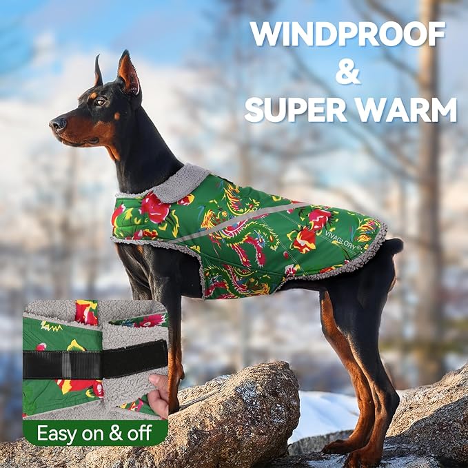 VIVAGLORY Snowrap Dog Coat, Jacket with Harness Hole & Velcro Closure, Dog Coat for Winter & Cold Weather, Fluffy Warm Fleece Lined Reflective Water Resistant for Puppy, M, Northeast Florals-Green