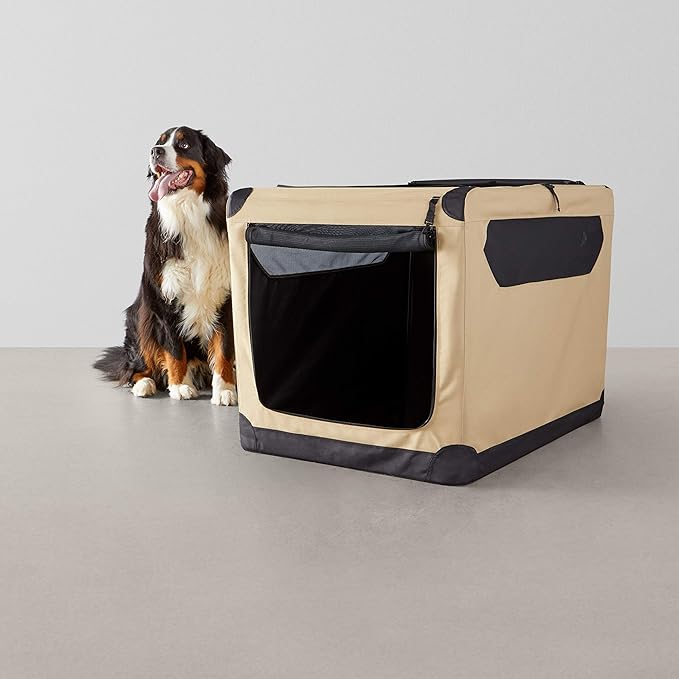 Amazon Basics Dog Crate, Travel Dog Kennel Double Door Collapsible, Lightweight Soft-Sided Folding, Portable Dog Cage, XL 42" x 31" x 31", Tan