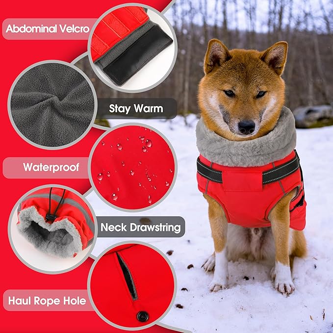 PETDSH Dog Coat Large, Built-in Harness Dog Jacket with Warm Fleece Lining, Waterproof Reflective Dogs Winter Coat, Pet Coats with Pocket and Trash Bags (Red, X-Large)