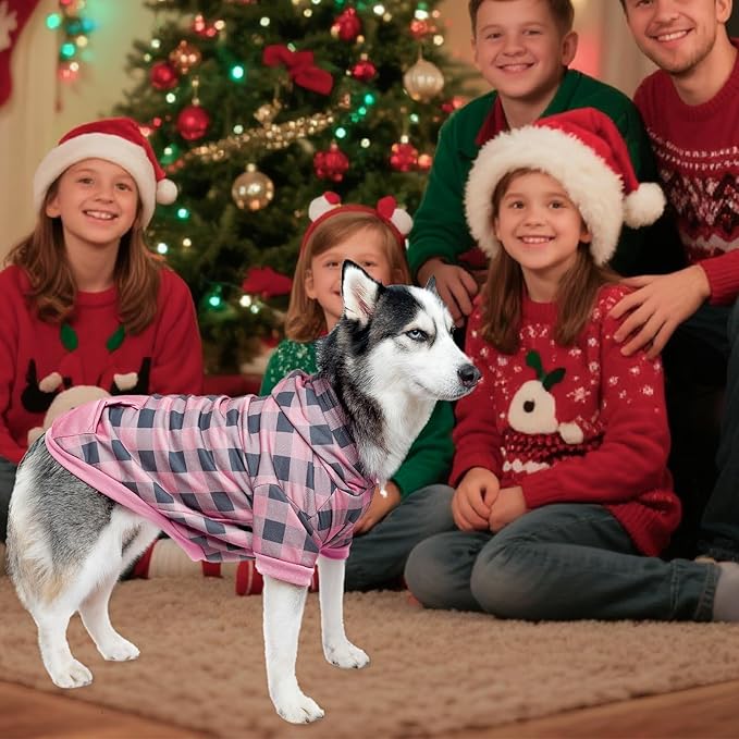 KOOLTAIL Plaid Dog Hoodie Pet Clothes Sweater with Hat and Pocket for Small Medium Large Size Dogs, Soft Winter Warm Dog Cold Weather Coat, Fleece Fall Dog Hooded Sweatshirt for Puppy Cats,Pink XL/XXL