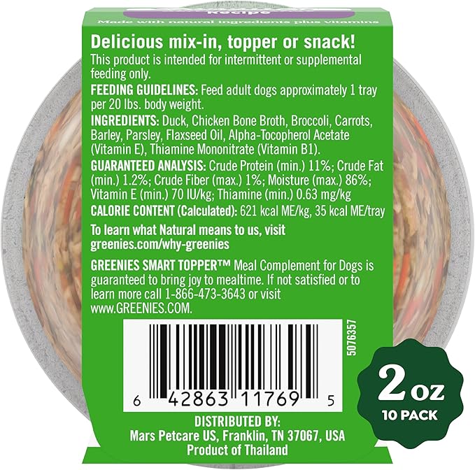 Greenies Smart Topper High Protein Wet Mix-in for Dogs, Duck, Broccoli, Carrots & Barley Recipe in Vitabroth Broth - Bone Broth + Vitamins E & B1, 10 Count