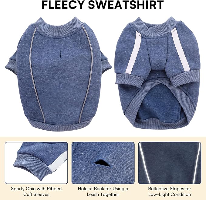 Queenmore Fleece Dog Sweater for Male Dogs, Soft Pullover Dog Sweatshirt with Leash Hole/Reflective Stripes – Cozy Winter Fleece Jacket for Small Medium Large Boy Puppy, Blue XXL