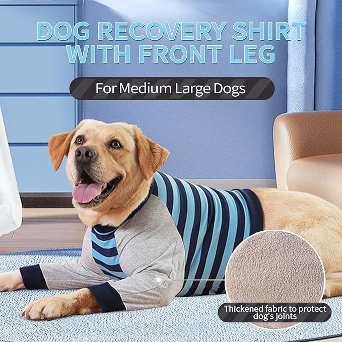 FUAMEY Dog Recovery Sleeve with Elbow Protector,Dogs Shirt Stop Licking Joints,Pet Long Sleeve Suit Protecting Dog's Front Leg Arm Wounds Cover Skin Conditions Blue Stripe M