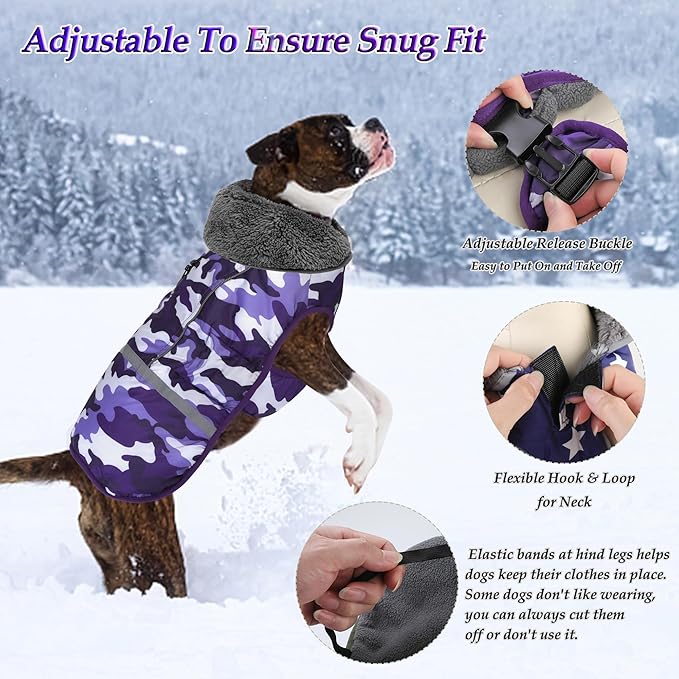 Dogcheer Warm Dog Coat, Waterproof Dog Jacket Christmas Puppy Winter Coat with Buckle, Reflective Adjustable Pet Snow Jacket Turtleneck Fleece Sweater for Small Medium Large Dogs - Camo Purple, 3XL