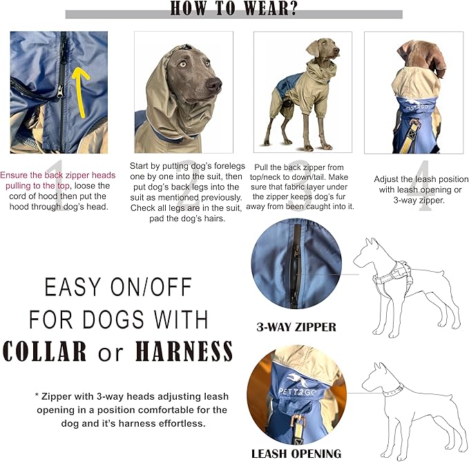 Dog Lightweight Windbreaker, Pet Outdoor Sports Jacket, 0.5 lbs,3 in One, Hooded, Easy on/Off with Collar and Harness, Reflective Piping, Packable, Dog Hiking/Camping, Navy Blue (XX-Large)