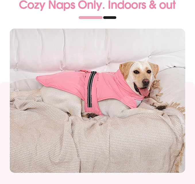 XXL Dog Coat, Warm Dog Winter Jacket, Waterproof Dogs Snowsuit with Foldable High Collar, Reflective Strips, Leash Hole, and Adjustable Hook & Loop Closure - Ideal for Cold Weather - Pink XXL