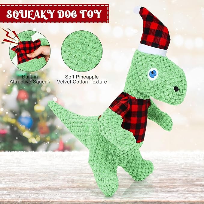 Christmas Dog Toys, Plush Stuffed Green Dinosaur Animals Toy, Squeaky Dog for Small Dogs, Interactive Dog Toys for Tug-of-War
