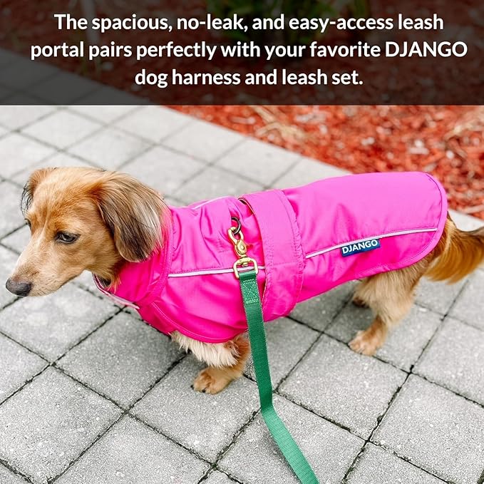 DJANGO Dog Jacket & Raincoat – Lightweight Water-Resistant Coat for Small, Medium & Long Dogs Like Dachshunds – Reflective, Adjustable Fit, Harness-Compatible & Easy-Access Harness Hole - Black, Large