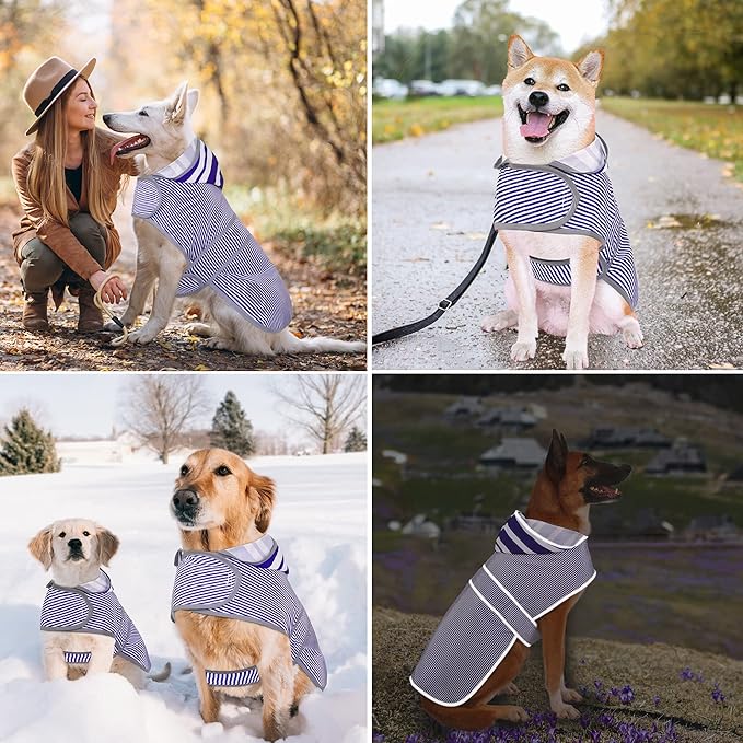 Dog Raincoat for Medium Dogs Puppies Waterproof Hooded Rain Jacket with Reflective Strips Leash Hole & Poncho Adjustable Fit (Bluestripe,L)