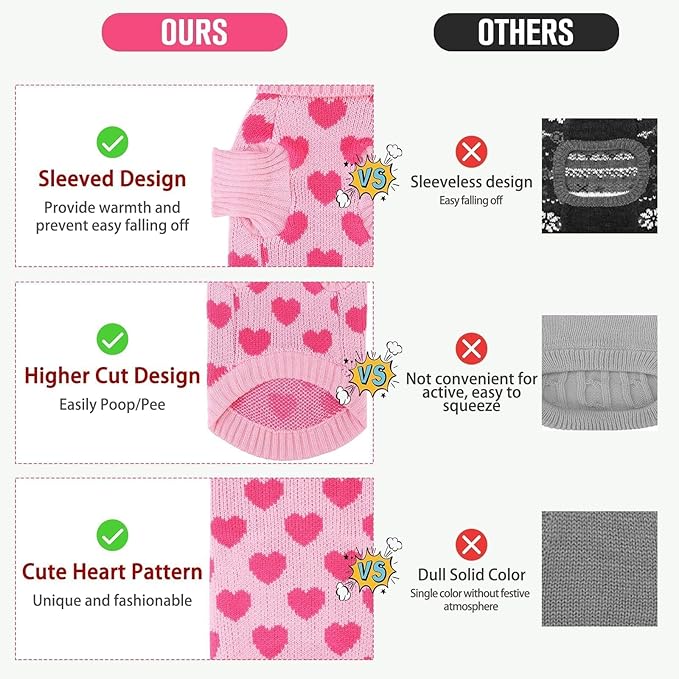 KOOLTAIL Cat Sweater Turtleneck- Soft Pink Knit Cat Sweaters for Cats Only, Heart Love Pattern Thick Warm Cold Weather Clothes, Valentine's Day Pet Outfit for Small Medium Size Kitten Puppy Girls S