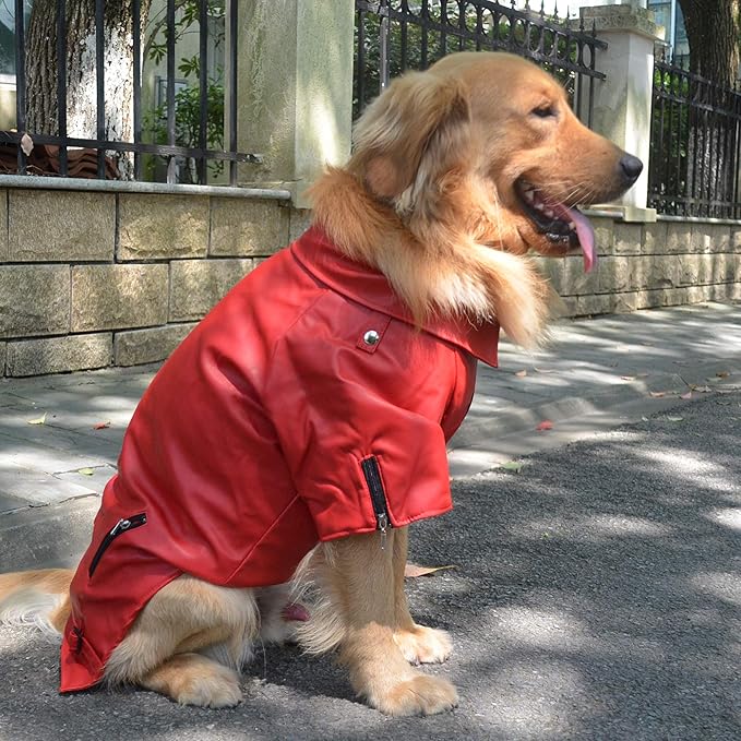 Lovelonglong Cool Dog Leather Jacket, Warm Coats Dogs Windproof Cold Weather Coats for Large Medium Small Dogs, Miniature Schnauzers Clothing Red L