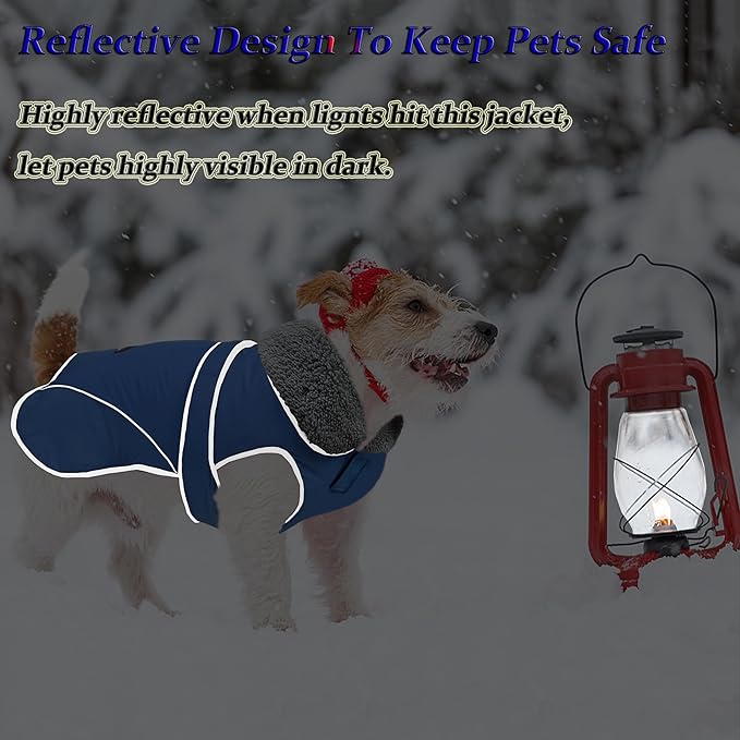 Dogcheer Dog Coat, Waterproof Dog Jacket Reflective Pet Winter Coat with Adjustable Hook & Loop, Christmas Puppy Fleece Jacket Warm Turtleneck Snowsuit for Small Medium Large Dogs - Blue, 2XL