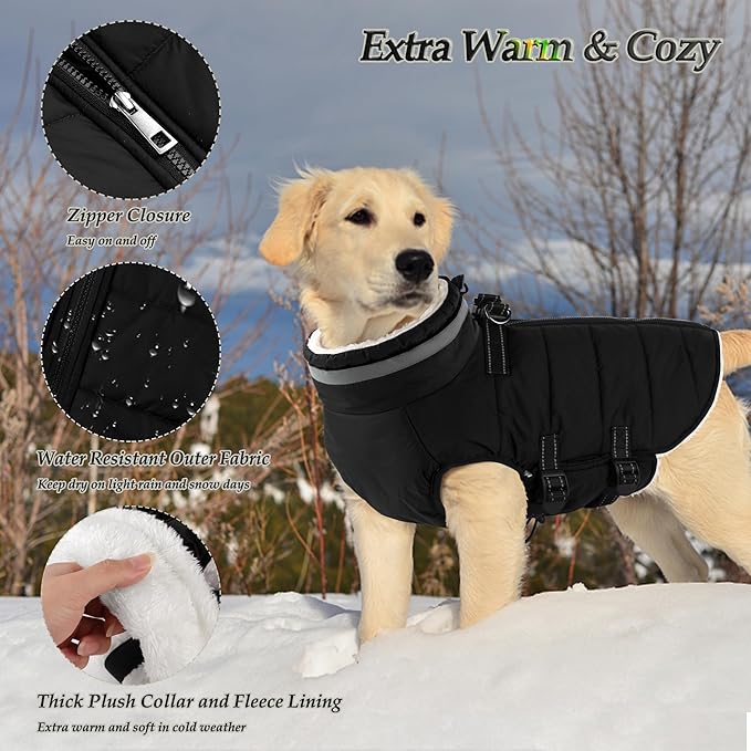 Dogcheer Dog Coat, Waterproof Dog Jacket with Harness, Reflective Adjustable Winter Coat with Zipper, Christmas Pet Snow Jacket Clothes for Small Medium Large Dogs - Black XS