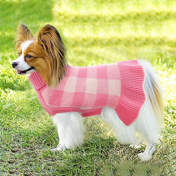 Dog Sweater Dress Plaid Knitwear for Small Medium Dogs Warm Puppy Pet Turtleneck Stretch Pullover Cute Fall Winter Vest Clothes with Leash Hole for Christmas (Pink, 2XS)