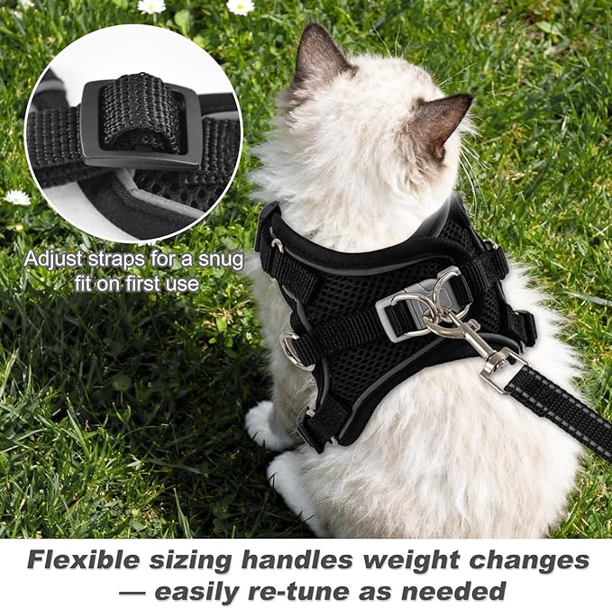 Kitten Cat Harness and Leash Set, Escape Proof Soft 4-Adjustable Cat Walking Vest Harness, Reflective Strips in Harness for Kitty Puppy Bunny Car Travel, with Car Seatbelt Leash (Black, XS)