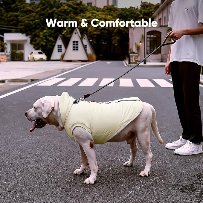 Fleece Lining Dog Hoodie with Harness Built in,Extra Warm Medium Dog Jacket in Winter Doggie Coats with Hooded,Light Yellow L