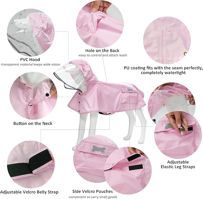 Waterproof Dog Raincoat, Adjustable Reflective Lightweight Pet Rain Clothes with Poncho Hood (Light Pink, Small)