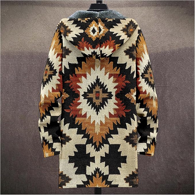 Mens Aztec Print Hoodie Heavyweight Cotton Fleece Jacket Zip Up Warm Long Sleeve Hooded Winter Midi Coat