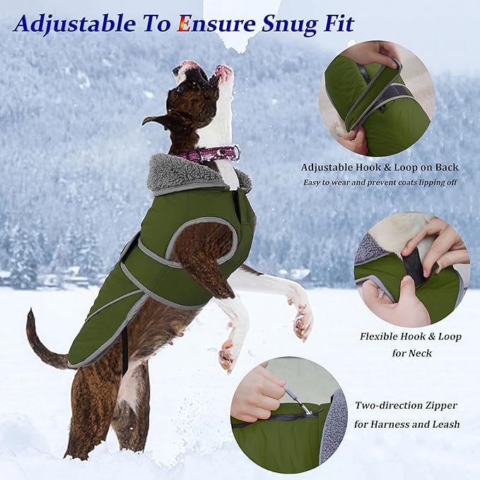 Dogcheer Dog Coat, Waterproof Dog Jacket Reflective Pet Winter Coat with Adjustable Hook & Loop, Christmas Puppy Fleece Jacket Warm Turtleneck Snowsuit for Small Medium Large Dogs - Green, M