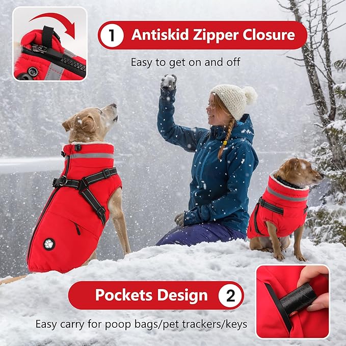 Dogcheer Dog Coat with Harness, Waterproof Dog Jacket, Christmas Puppy Winter Coat with Pocket, Reflective Doggy Turtleneck Puffer Vest for Small Medium Large Dogs - Red, 3XL
