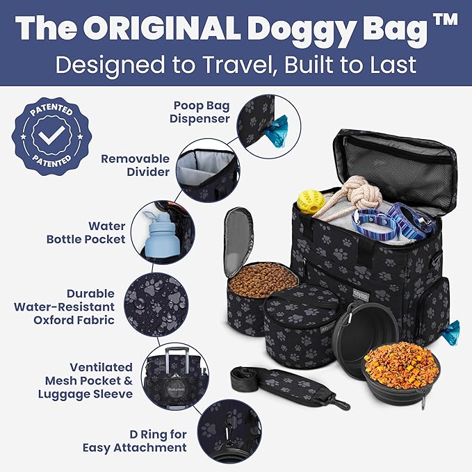 The Original Doggy Bag™ - Complete Dog Travel Bag for Supplies with 2 BPA-Free Travel Dog Bowls & 2 Pet Food Containers - Traveling Kit for Road Trips, Camping, Weekend Away or Doggy Gift - Paw Print