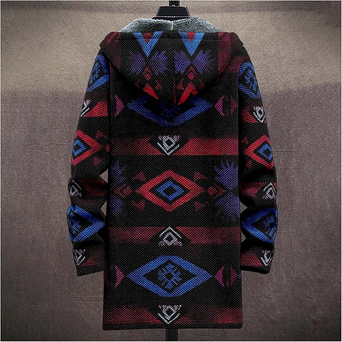 Mens Aztec Print Hoodie Heavyweight Cotton Fleece Jacket Zip Up Warm Long Sleeve Hooded Winter Midi Coat