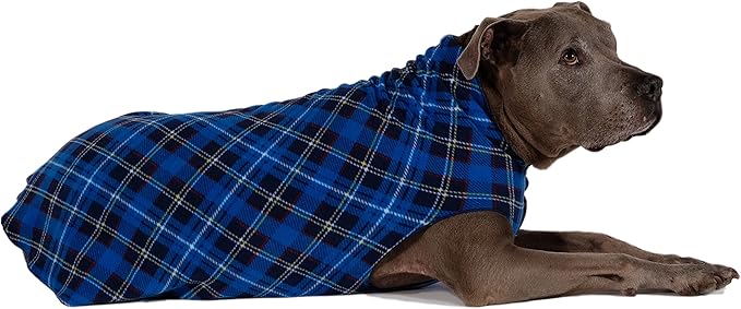 Goldpaw Stretchy Fleece Jacket for Small Dogs - Super Soft, Warm Dog Sweater - Pet Sweater Vest for Fall and Winter - Canine Clothes Made in The USA - Machine Washable - Blue Plaid - Size 16