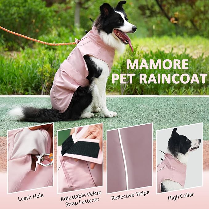 Waterproof Dog Raincoat, Adjustable Lightweight Dog Rain Jacket with Reflective Strip Leash Hole for Small Medium Large Dogs (Pink, Large(22-37lb))