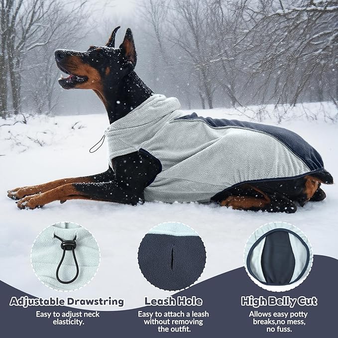 IECOii Fleece Dog Sweater for Large Dogs, Large Dog Sweater Sleeveless with Leash Hole and Reflective Strips, Fall Winter Turtleneck Hoodie Vest Lightweight & Stretchy Fit for Active Dogs, Blue, XL